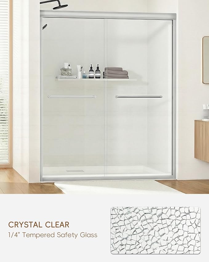 Shower Door 56-60'' W x 72'' H Semi-Frameless & Double Sliding, 1/4 inch (6mm) Thickness Clear Tempered Glass for Walk-in Shower,Brushed Nickel