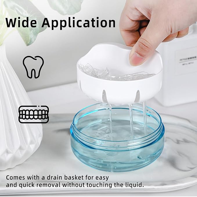 Leak Proof Denture Cup Kit Portable Retainer Case Perfect for Travel, Denture Case Container Cleaning Care for Dentures Aligner Mouth Guard with Denture Brush,Strainer, Removal Tool and Mirror