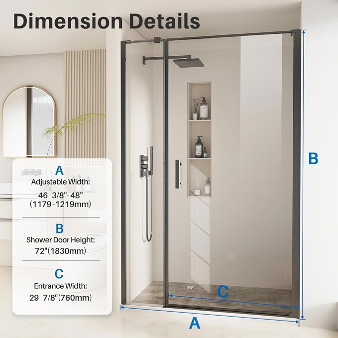 Bathbliss Framed Pivot Shower Door, Glass Shower Door in Matte Black, 46.5" to 48" W x 72" H, 5/16" Tempered Glass, Reversible Installation, Easy Setup
