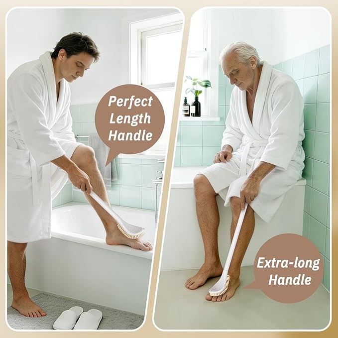 New Foot Brush & Foot File Set(2PCS), 3-in-1 Foot Scrubber in Shower, 10.2’’-27.5’’Adjustable Long Handle Foot Scrub Brush and Upgrade Foot File Callus Remover, Gift-Box Packed(White Set)