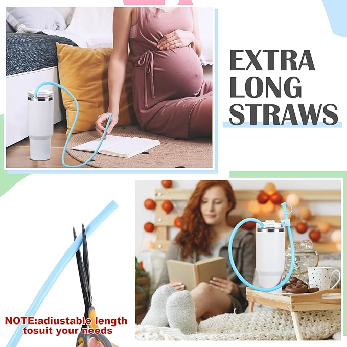 Baderke 2 Set Extra Long 35" Reusable Silicone Straws Compatible with Stanley 40 oz Tumbler Large Water Wine Bottle Flexible Drinking Straws & Cleaning Brushes Tumbler Accessories (Blue)
