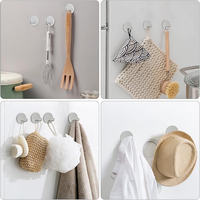 VIS'V Adhesive Hooks, Small Metal Shower Wall Stick on Hooks, Waterproof, 2 Extra Adhesive Strips, Round, Silver, 4 Pcs