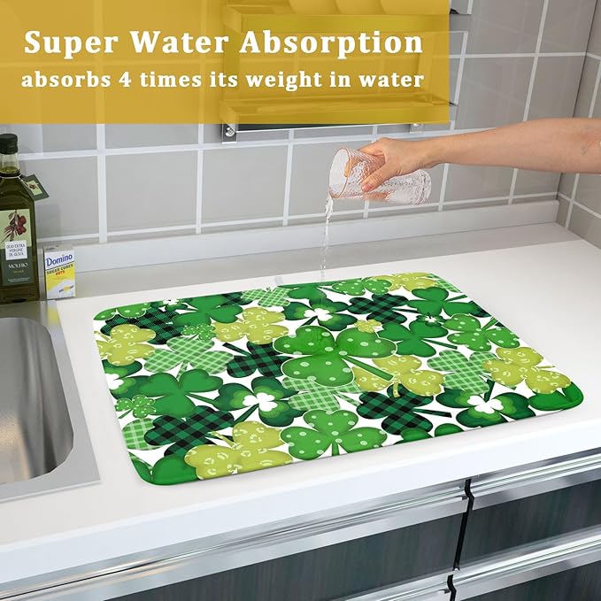 Khope St Patrick's Day Dish Drying Mat for Kitchen Counter 18x24 Inch Green Shamrock Reusable Washable Lucky Clover Plaid Drying Pad Countertop Home Decor