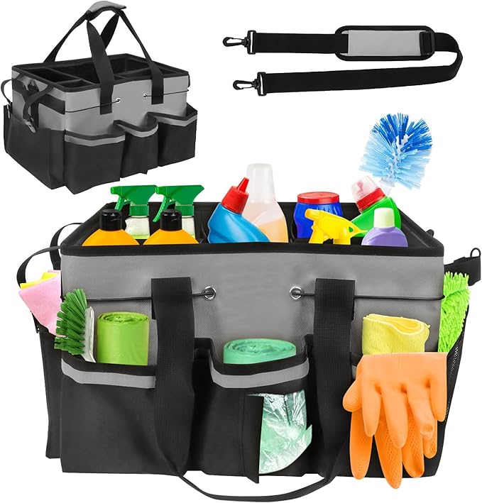 Wearable Cleaning Caddy Organizer with Handle & Shoulder Straps for Cleaners, 5 Compartments, Housekeeping Tote for Kitchen & Bathroom, Car Tool Caddy Organizer Bag (gray)