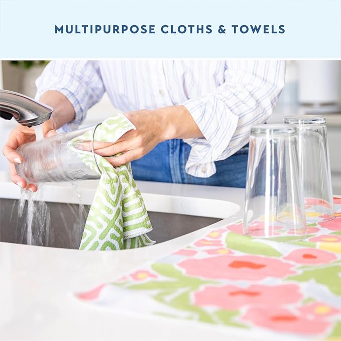 ELYN Microfiber Kitchen Dish Towel & Dish Cloth Set, Quick-Dry & Absorbent Waffle Weave Cleaning Cloths, Set of One Kitchen Towel & Two Washcloths, Paper Towels Alternative (Magnolias & Stripe)