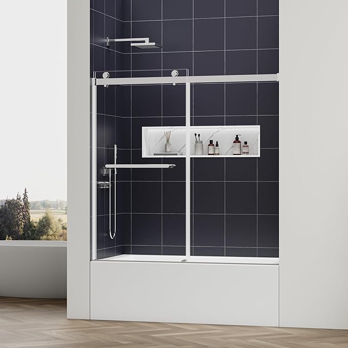 56-60" W x 60" H Double Sliding Bathtub Shower Door, 5/16" (8mm) Tempered Glass Frameless Bypass Shower Glass Door for Tub, Double Nano Coating, Pull Towel Rack (Chrome)
