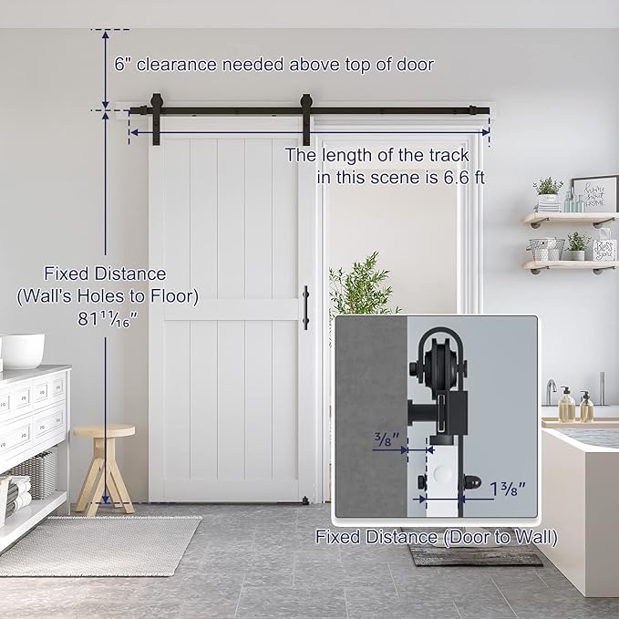 SmartStandard 36 x 80 inch White Sliding MDF Barn Door with 6.6FT Black Sliding Door Hardware Kit & Handle, Pre-Drilled Ready to Assemble, Waterproof PVC Coating, H-Frame