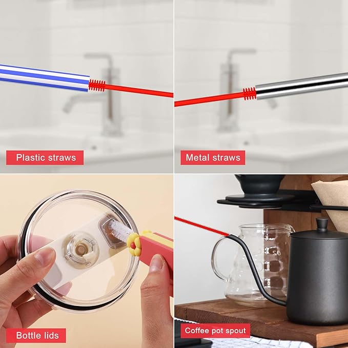 3pcs Silicone Straw Brush and Cup Lid Cleaning Brush, Ultra Long Straw Cleaning Brush Reusable Bendable Silicone Straw Cleaner Pipe Brush Cup Lid Cleaner for Cleaning Bottles Straws (6mm+8mm, Red)