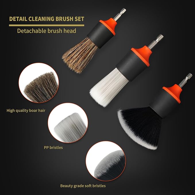 Car Drill Brush, 4Pcs Detachable Car Detail Drill Brush Set(Soft No Scratch Hair, Boar Hair, PP Bristis, Drill Brush Attachment Head), Drill Brush for Air Vent Automotive Interior Exterior