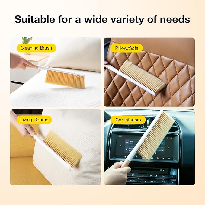 Hand Broom Cleaning Brush, Soft Bristle Dust Brushes with Wood Handle, Household Cleaning Brushues for Car, Carpet, Garden, Clothes, Various Furniture Such As Beds, Sofas (Natural)