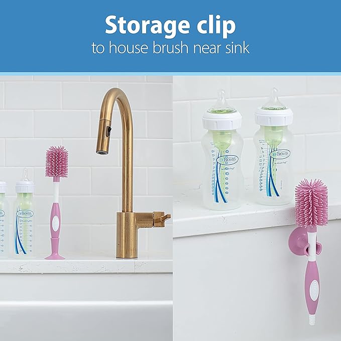 Dr. Brown's Soft Touch No Scratch Baby Bottle Cleaning Brush Nipple Cleaner with Stand and Storage Clip, BPA Free, Pink 2-Pack