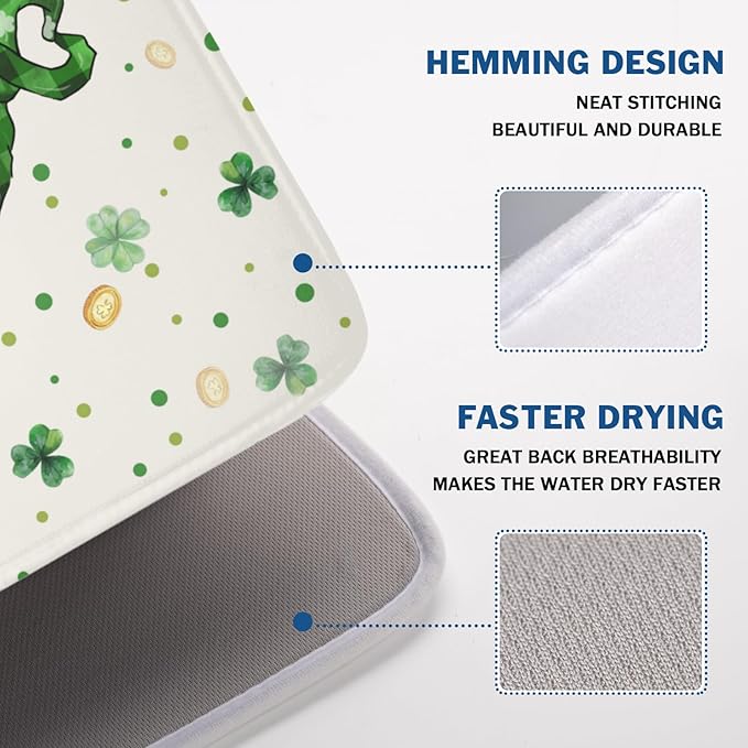St Patrick's Day Gnome Dish Drying Mat for Kitchen Counter,Inch Lucky Shamrock Gold Coin Drying Mat 18 x 24 Inch with Absorbent Reversible Microfiber Dish Drying Pad for Coffee Bar