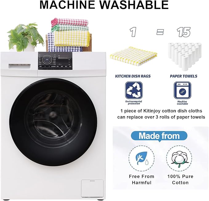 Kitinjoy Cotton 12 Pack Terry Kitchen Dish Cloths, 12 x 12 Inches Super Soft and Absorbent Dish Rags, Quick Drying Dish Towels for Washing Dishes, Mixed Color