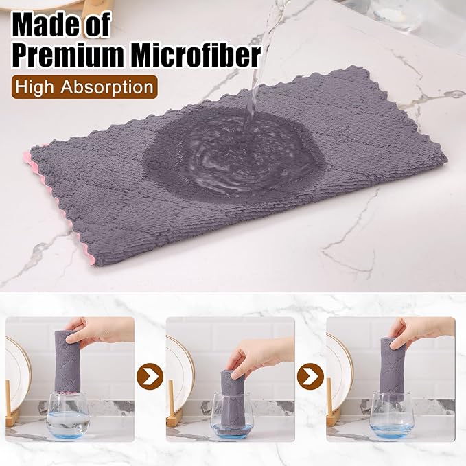 Mordimy 24 Pack Kitchen Cloths Dish Towels (10" x 10", Grey & Pink), Super Soft and Absorbent Dish Cloths, Coral Velvet Microfiber Cleaning Cloth, Nonstick Oil Fast Dry Dishcloths