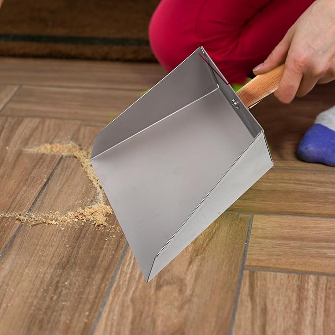 Tofficu Stainless Steel Dustpan with Wood Handle Mini Metal Dust Pan 8.66 X 5.51 Inches Compact Handheld Sweeping Tool for Household and Industrial Cleaning