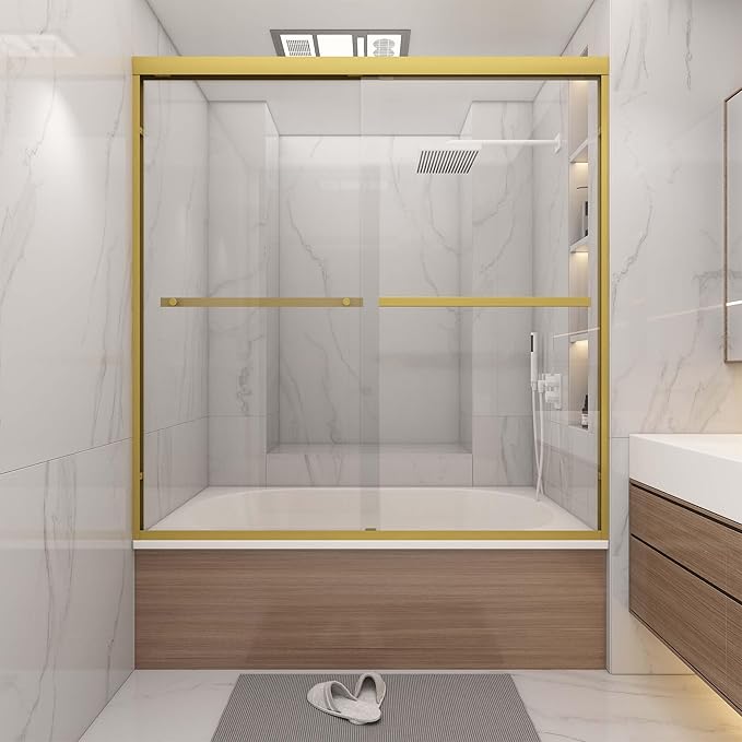 Tub Shower Door 56-60" W x 60" H,Brushed Gold Bathtub Door with 1/4"(6mm) Tempered Glass,Bathtub Shower Door Easy to Clean