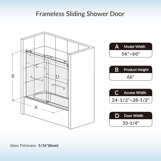 Woodbridge Frameless Bathtub Shower Doors 56-60" Width x 66" Height with 5/16"(8mm) Clear Tempered Glass, 2 Ways Opening & Double Sliding in Brushed Gold Finish