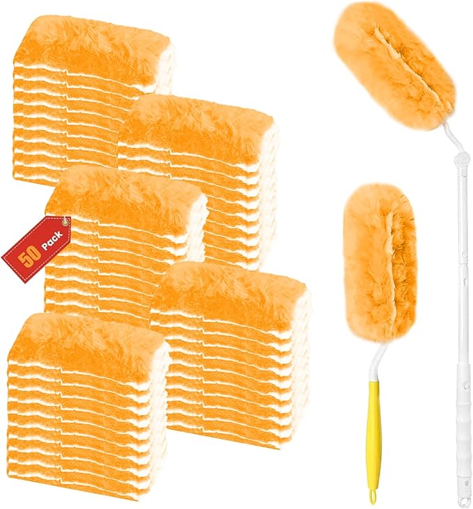 Duster Refill for Swiffer Duster, 50 Count Disposable Dusters Kit for Cleaning Dusting Furniture Blind Ceiling Fan, Multi Surface 360 Feather Duster & 3FT Extended Handle & Short Handle