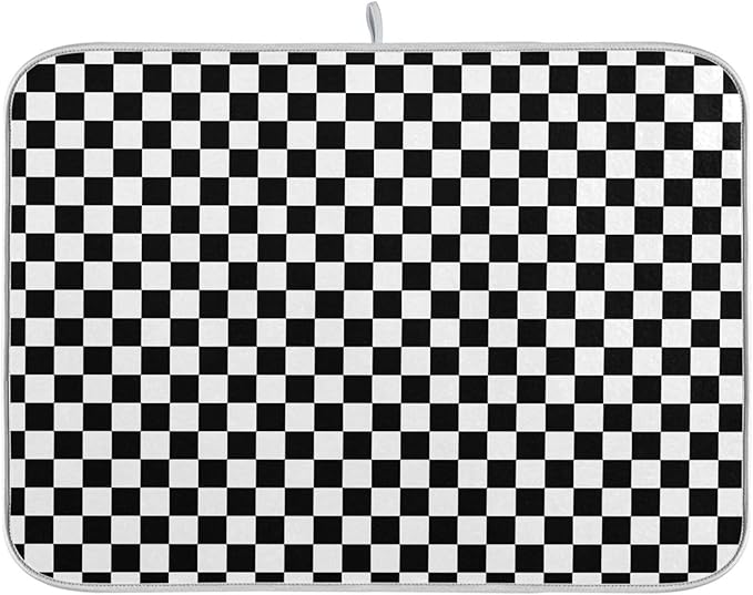 Black White Checkered Pattern Dish Drying Mat for Kitchen Counter Absorbent Microfiber Drying Pad, Large 18x24 in, Reversible Drainer Mats