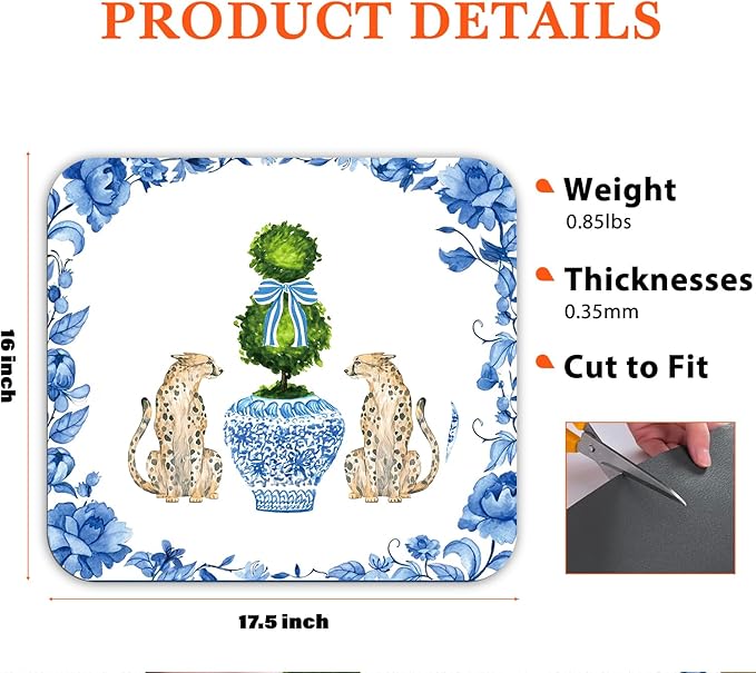 Chinoiserie Dish Drying Mat - Blue And White Porcelain Dish Drying Mat,Chinoiserie Leopard Drying Mat For Kitchen Counter,Coffee Bar Mat,Vintage Chinoiserie Drying Mat,16x17.5 Inch