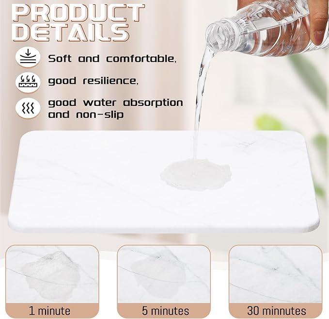 4 Pcs Absorbent Diatomaceous Dish Drying Mat Set White Non Slip 12x8in ＆ 9x3in Drying Mat Heat Resistant Small Size Hard Draining Instant Dish Pad for Rack Kitchen Counter Bathroom Sink