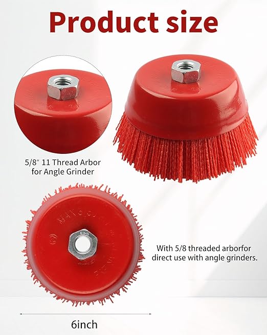 Nylon Cup Brush for Angle Grinder, 6 Inch Coarse Sanding Scuffing, 5/8" 11 Thread, 4PCS Wire for Drill - Remove Rust, Corrosion, Paint