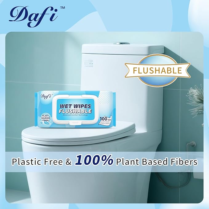 DAFI Flushable Wipes for Adult Wet Wipes, Total 300 Unscented Toilet Wipes Flushable, No Alcohol & 100% Plant Based Fibers, Septic and Sewer Safe Pack of 3