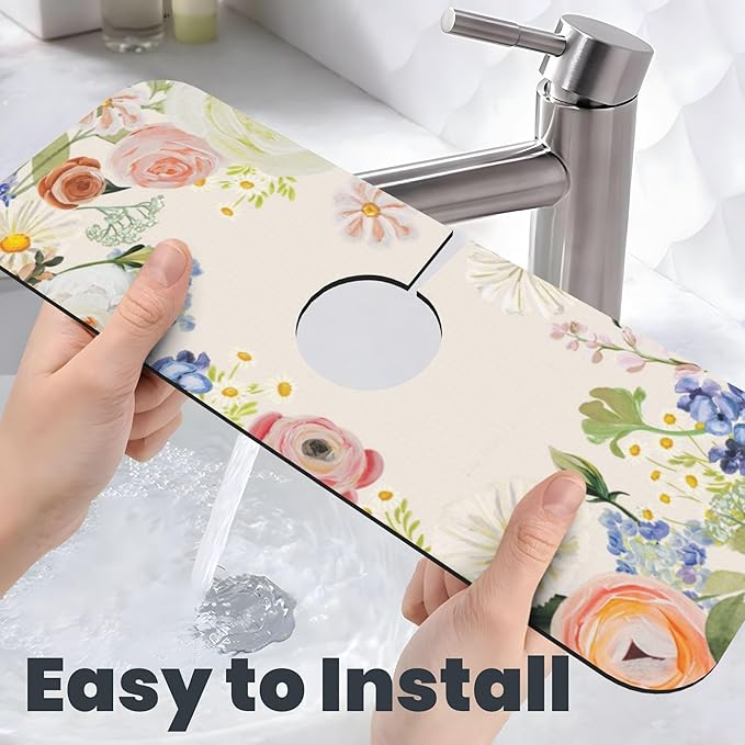 Vintage Country Watercolor Wildflowers Dish Drying Mat for Kitchen Counter, 18"x24" Microfiber Absorbent Fast Dry Mat, 2Pcs Dish Mat Faucet Mats Sets, Large Drying Kitchen Mat Kitchen Drying Pad