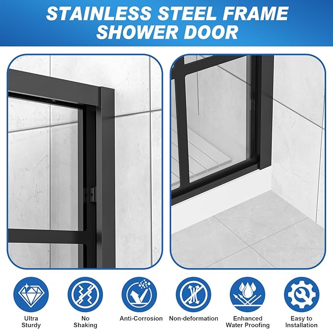 Shower Door, 60" W x 76" H 3/8" (10mm) Thick Framed Glass Shower Door with Explosion-Proof Film Nano Coating, Double Sliding Shower Doors for Walk in Shower,Stainless Steel Hardware