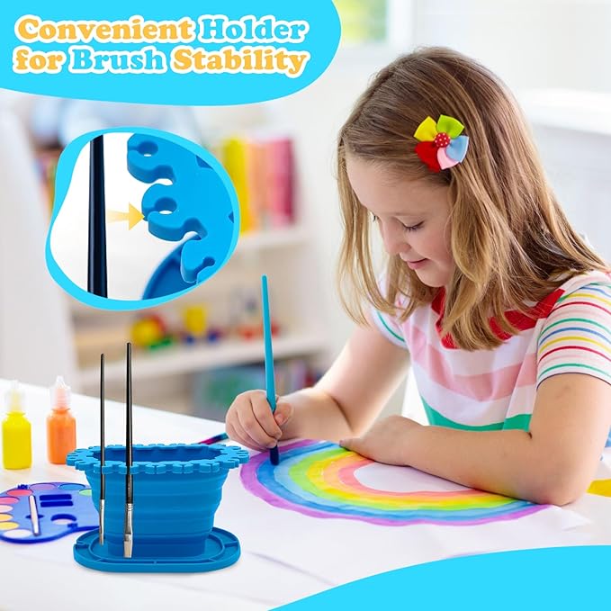 Foldable Silicone Paint Brush Cleaner Cup with Holder, Collapsible Basin for Acrylic, Watercolor & Oil Painting, Portable Artist Travel Supplies, Multi-Size Brush Drying Rack & Mixing Palette ﻿ ﻿ ﻿