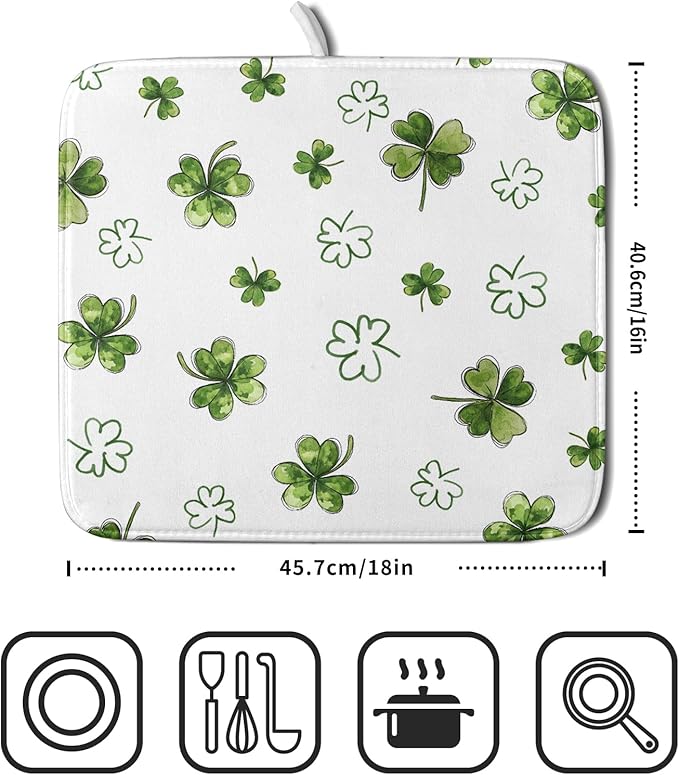 St Patricks Day Dish Drying Mat for Kitchen Counter Cute Shamrocks Holiday Microfiber Absorbent Dish Draining Reusable Washable Foldable 16"x18"