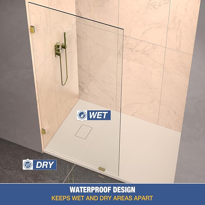 Shower Glass Panel 34" x 79" Easy-to-Clean Treated, 3/8" Tempered Glass Shower Screen, Frameless Shower Door for Walk In Bathroom, Brushed Gold