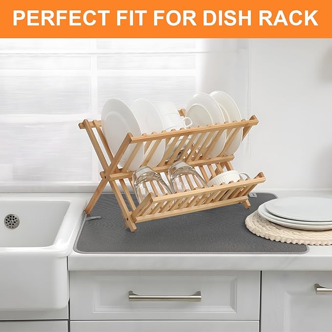 Dish Drying Mat 24 x 17 in, Large Microfiber Drying Mats, Absorbent Quick Dry Pad for Kitchen Counter, Countertop Protector for Dishes, Pots & Pans, Machine Washable, Gray (2 PCS)