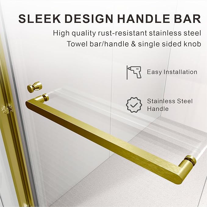 56"-60" W X 76" H Double Sliding Shower Door with Frame - Satin Brass Hardware, 8mm Tempered Glass, Stainless Steel Hanger Rollers, Easy-Cleaning Coating, Through-Glass Towel Bar & Knob?