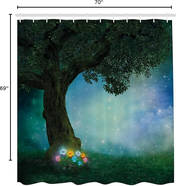 Ambesonne Forest Shower Curtain, Little Red Riding Hood Woodland at Night Flowers and Stars Image Print, Cloth Fabric Bathroom Decor Set with Hooks, 69" W x 70" L, Multicolor Forest Green