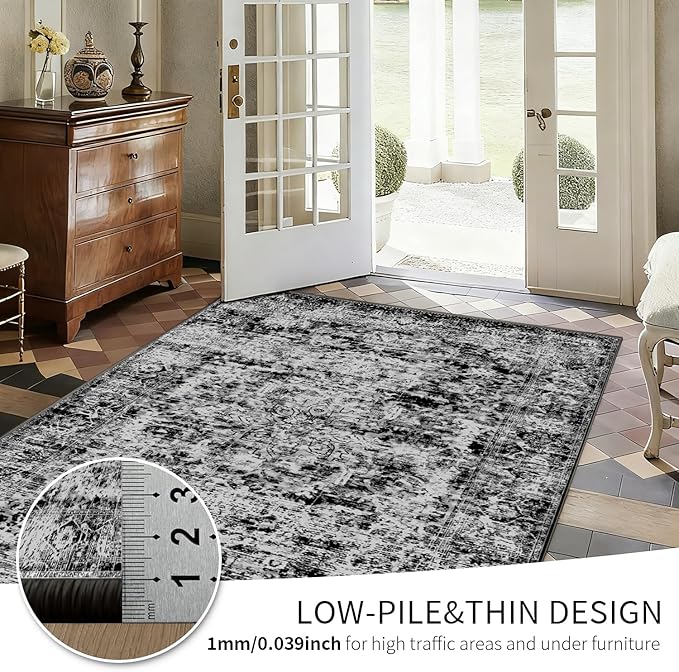 4x6 Area Rugs for Living Room, Bedroom, Dark Grey Rugs, Small Washable Non Slip Entry Rugs, Vintage Boho Soft Indoor Rug for Nursery, Bathroom, Office
