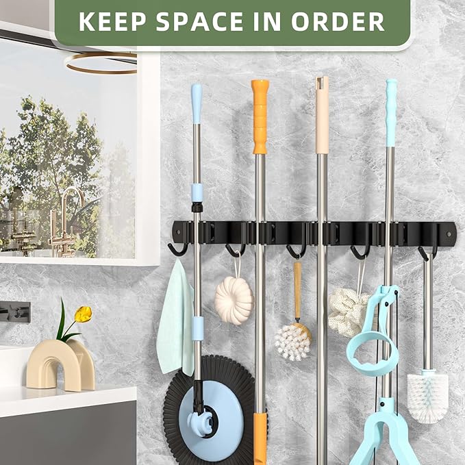 Batur 2 Pack Broom Holder Wall Mount, Upgraded Heavy Duty Mop and Broom Holder Wall Mount, Super Anti-Slip 4 Racks 5 Hooks Broom Hanger Organizer for Home Kitchen Garden Laundry Garage