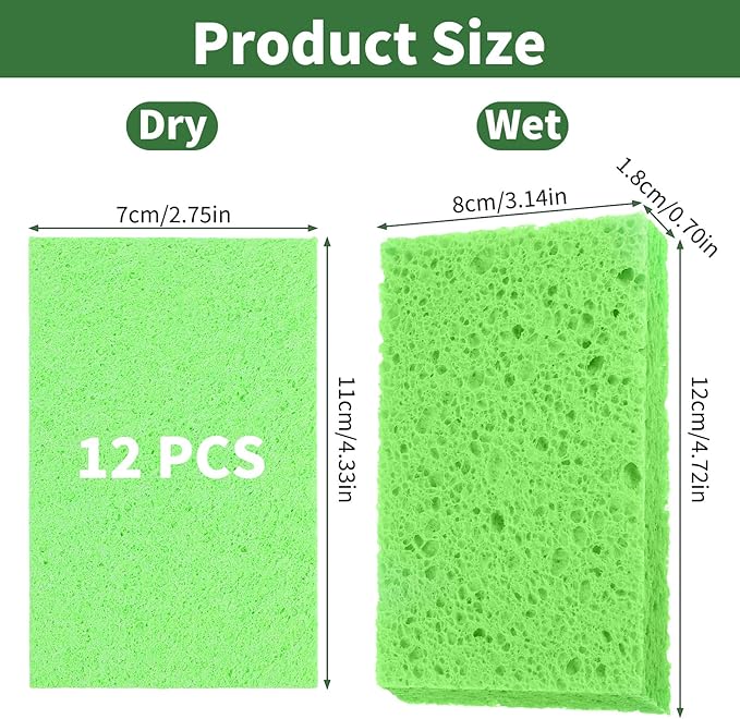 12 PCS Pop up Sponges Kitchen Cellulose Sponges 4.33 X 2.76 Inch Green Kitchen Sponge Pack for DIY, Household, Bathroom, Cars, Cleaning (Green)