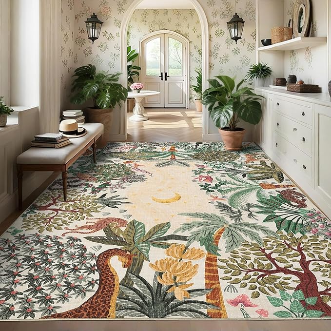 GarveeHome 6x9 Area Rug Jungle Beige Washable Rugs for Living Room Bedroom, Soft Low Pile Non Slip Accent Floor Mat Animal Print Tiger Throw Rug Indoor Carpet Dining Room Playroom