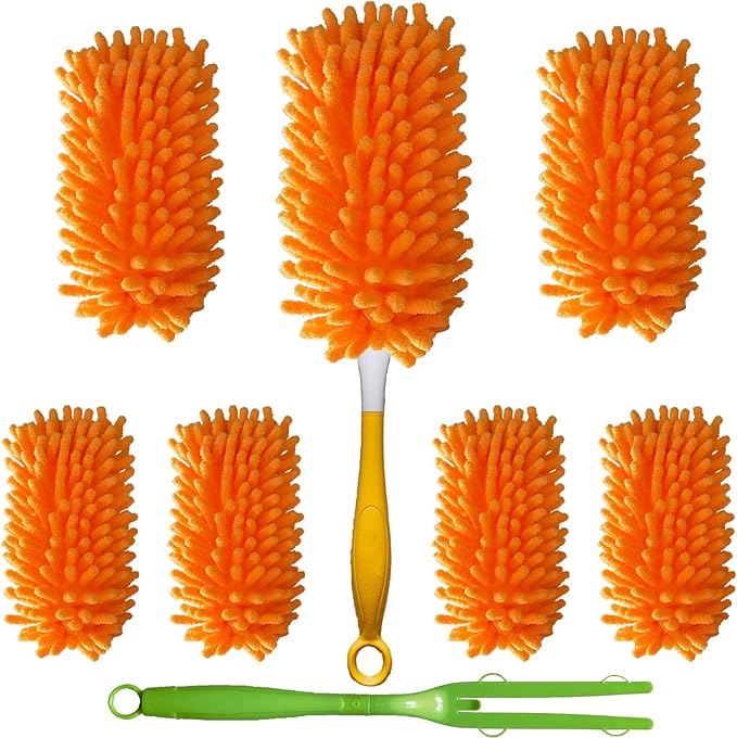 Duster Refill for Swiffer Duster, Reusable Duster Refill Compatible with Swiffer Hand Duster, 360° Heavy Duty Washable Microfiber Dusters for Cleaning, 6 Pack & 1 Handle, Orange