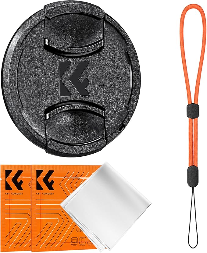 K&F Concept 62mm Lens Cap Cover, 4-in-1 Center Pinch Lens Cover + Anti-Loss Keeper Leash + Microfiber Cleaning Cloth Kits Compatible with Nikon, Canon, Sony, Fujifilm Camera Lenses