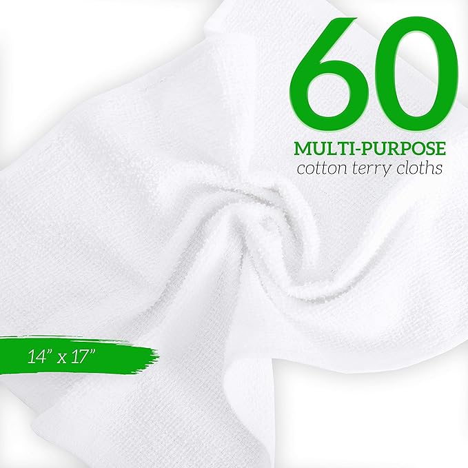 GREEN LIFESTYLE Blue Striped Terry Towels, White Rags, Bar Towels, 100% Cotton Absorbent and Durable, Multipurpose Cleaning Rags, Cotton Cleaning Rags, Kitchen Rags (14”x17”, Pack of 60)