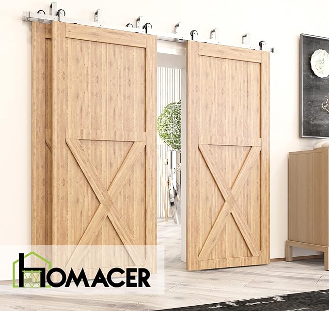 Homacer Brushed Nickel Double Track U-Shape Bypass Sliding Barn Door Hardware Kit, for Three Doors, 6.6ft Long Flat Track, T-Shape Design Roller