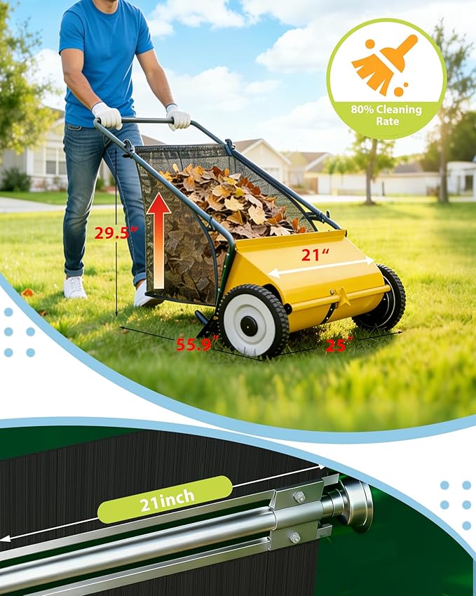 Push Lawn Sweeper,21-Inch Width Enhanced 4-Brush System, 3.5 ft Capacity Heavy Duty Steel Frame, Ideal for Yard and Garden Clean up,Yellow