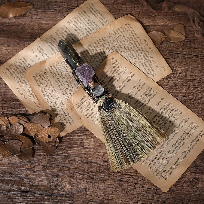 Witch Broom Witchcraft Supplies - Altar Supplies with Labradorite Wiccan Stuff Magic Broomstick with Natural Healing Crystals Hexagonal Points Pagan Reiki Energy Clearing Decor