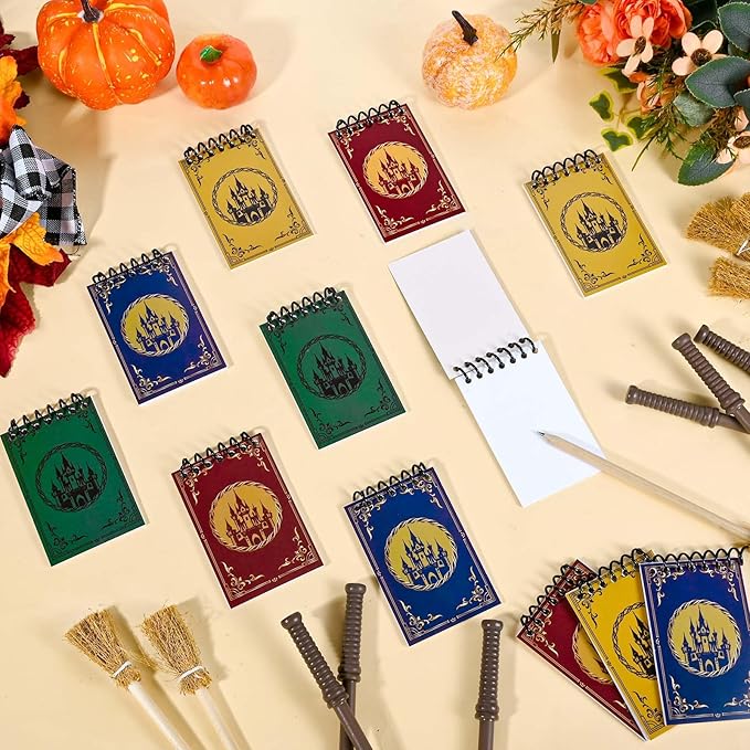 24 Pcs Magical Wizard Notepads Set Spiral Notebooks and Magic Wand Pencils Witch Broom Pencils Magical Wizard School Mini Notepads Small Pocket Journal Goodie Bag Stuffers for Wizard School Classroom Favors Supplies