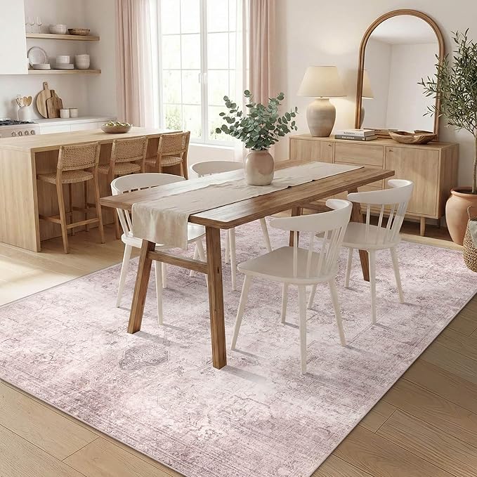 Vintage 5x7 Pink Rug, Washable Area Rugs For Living Room,Girls Bedroom,Dining Room,Kitchen, Distressed Boho Indoor Soft Rug For Dorm Classroom Kids Nursery,Non Slip Low Pile Carpets For Office