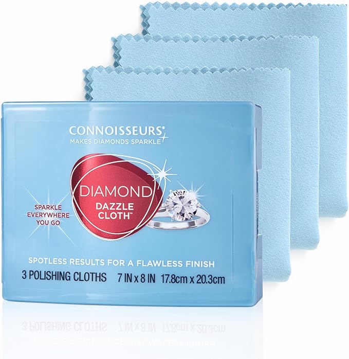 CONNOISSEURS Diamond Dazzle Cloth for Jewelry and Precious Stones - 3 Pack - Ultrasoft Microsuede Jewelry Cleaner Cloth - Includes Travel Case