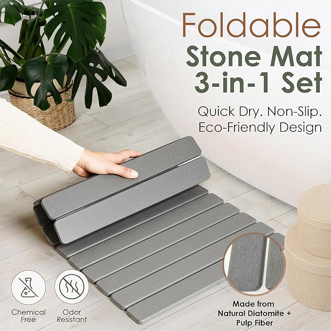3-Pack Large Stone Kitchen Dish Drying Mat for Countertops 24"x16"– Absorbent Diatomaceous Earth Stone Mat with 2 Extra Stone Pads, Fast-Drying Non-Slip Design for Kitchen & Bathroom,Easy to Clean