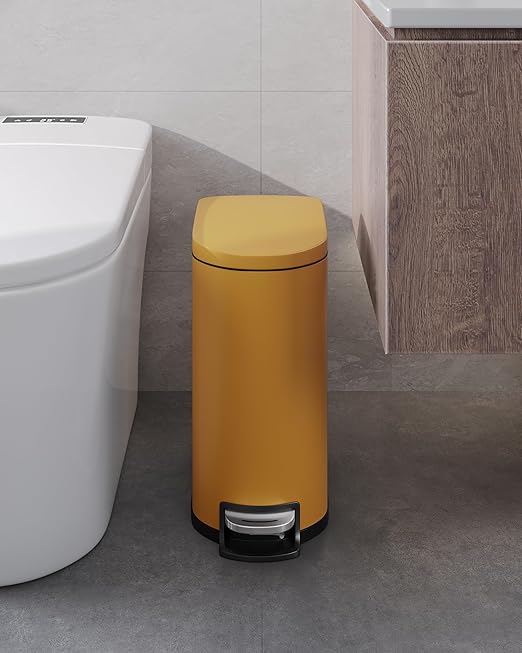 Garvee 2.6 gal / 10 L Metal Bathroom Trash Can with Lid, Slim Waterproof Garbage Can for Bedroom, Small Step-on Trash Bin with Inner Bucket, Rear Handle, Soft Close Lid, Yellow
